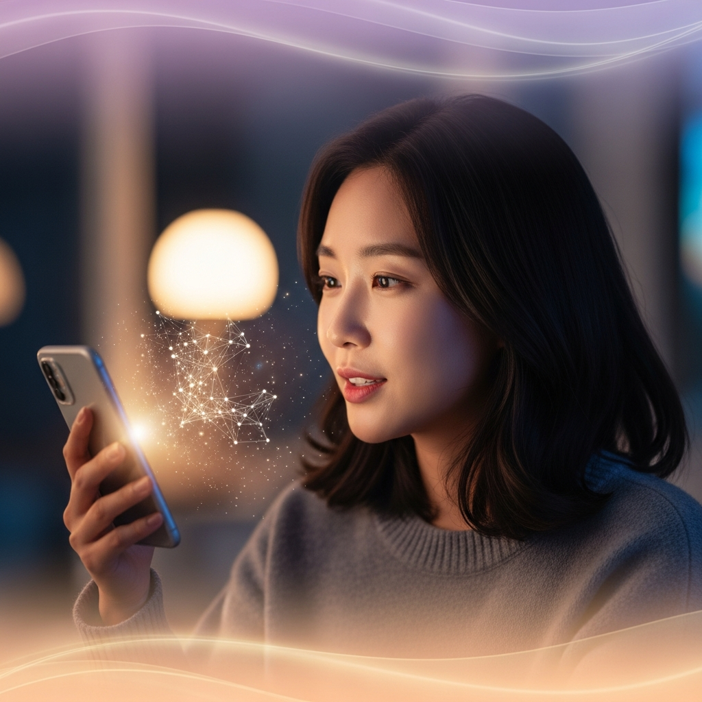 A Korean woman talking to her smartphone, light glowing from the screen indicating AI activity, futuristic yet cozy atmosphere, colored gradient background, no text
