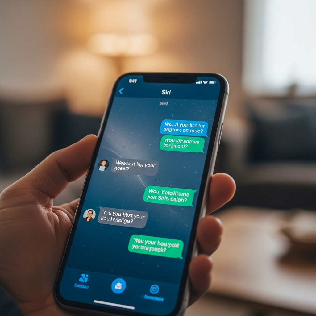 A close-up lifestyle photograph of an iPhone screen displaying a chat interface with Siri, showing a natural, flowing conversation. A user's hand is subtly visible, holding the phone. The background is a blurred, warm-toned living room, lifestyle photography, warm lighting, natural setting, no text.