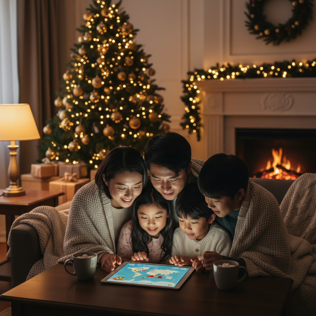 A warm lifestyle photography of a Korean family gathered around an iPad watching a digital Santa map, cozy living room with Christmas tree, soft lighting, high contrast, aspect ratio 4:3