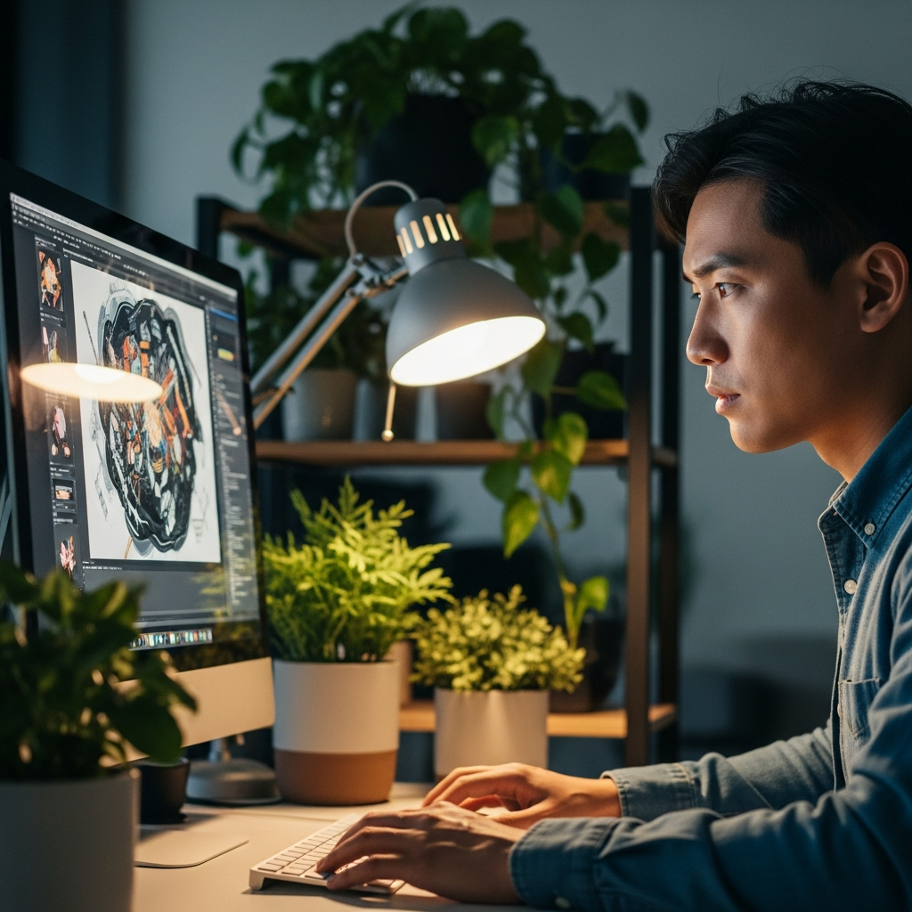 A professional designer working on a detailed graphic project using a high-resolution desktop computer, focused expression, creative workspace with plants, soft lighting, Korean appearance, no text