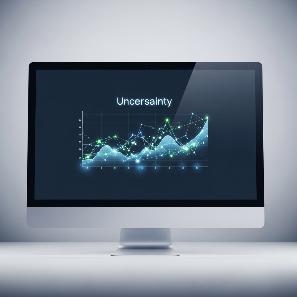 A sleek, modern iMac screen displaying a subtle, futuristic, slightly blurred data graph indicating uncertainty. The background is a clean, minimalist workspace with a soft gradient. Style: clean infographic, modern layout, high contrast. No visible text.