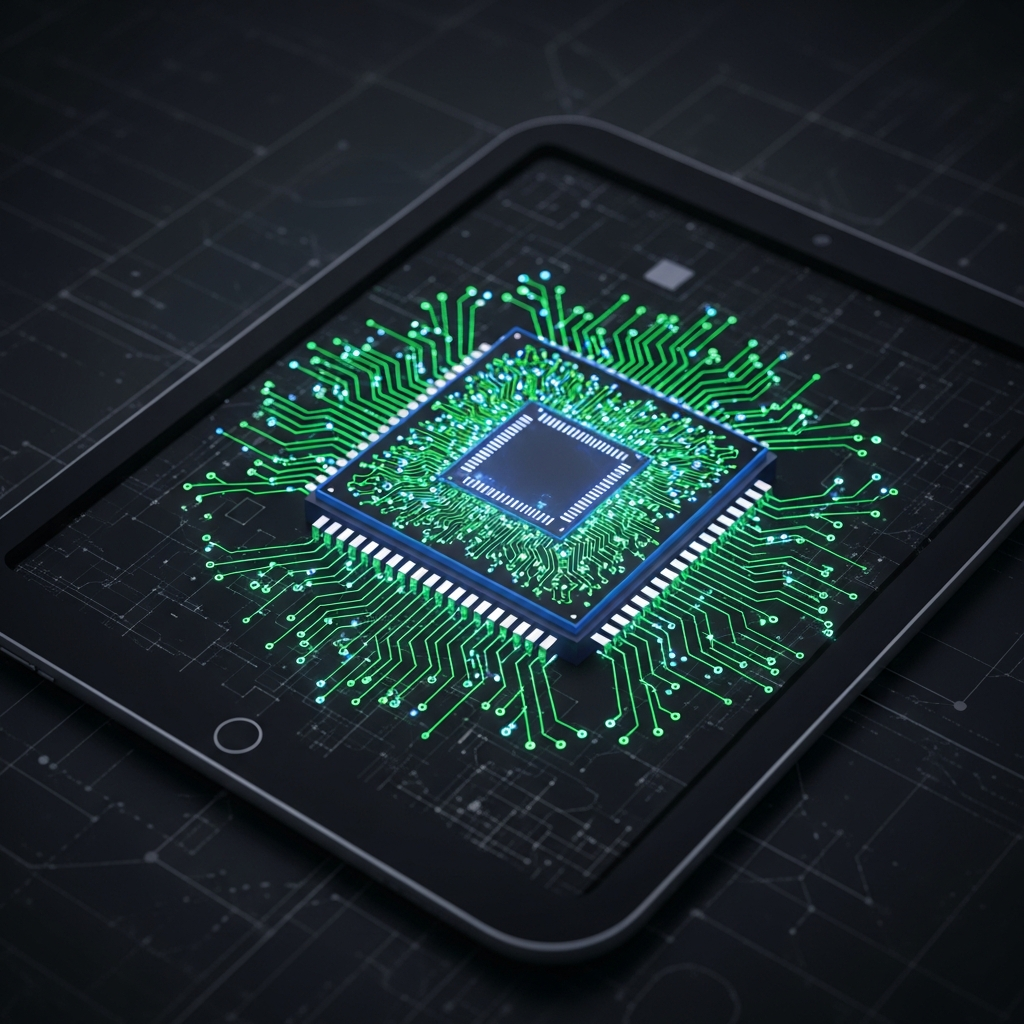 Detailed abstract visualization of a powerful processor chip inside a tablet, intricate circuitry patterns, futuristic green and blue color scheme, dark textured background, no text