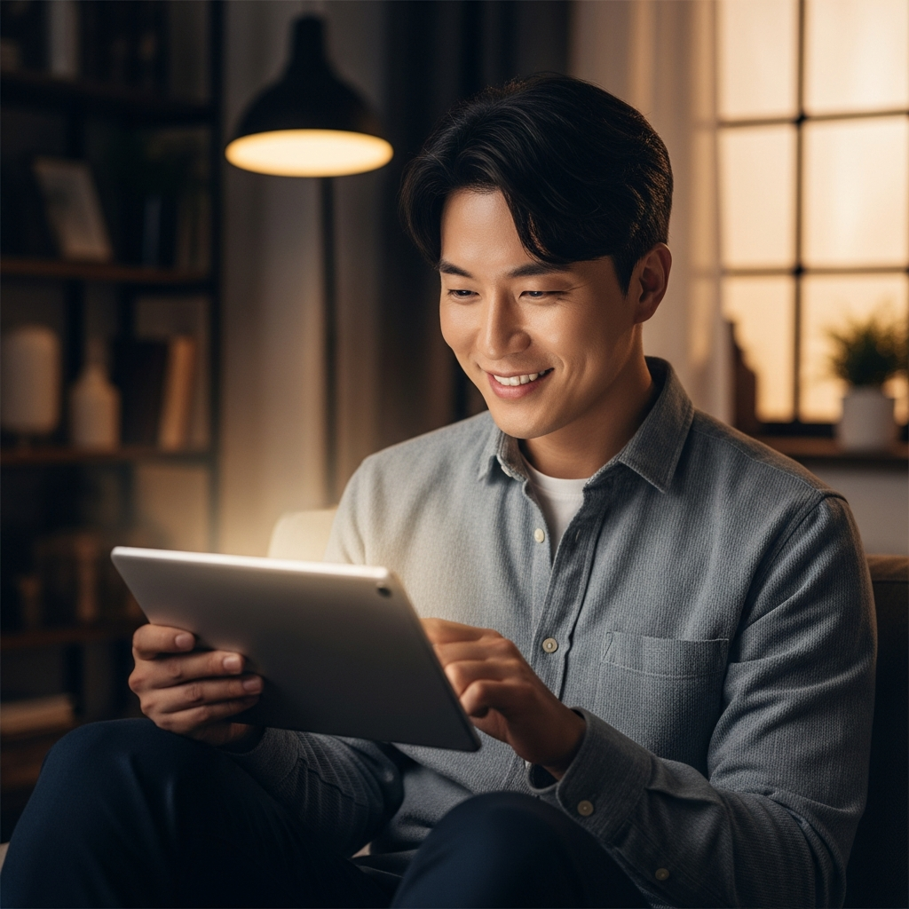 A Korean person happily using a tablet with a subtle glow, modern home background, warm lighting, natural expression, no text