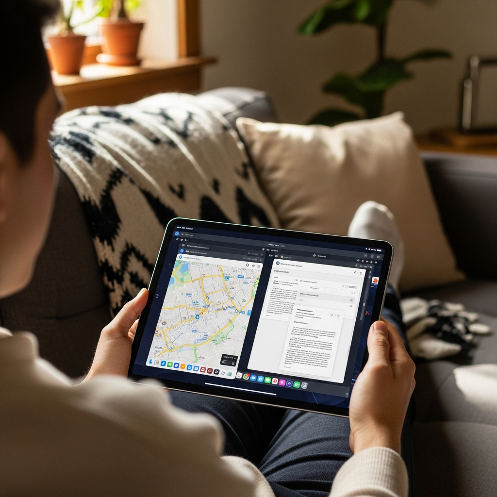 A person relaxing on a couch using an iPad Pro with resizable windows visible, split screen mode, cozy home interior, soft natural light, no text