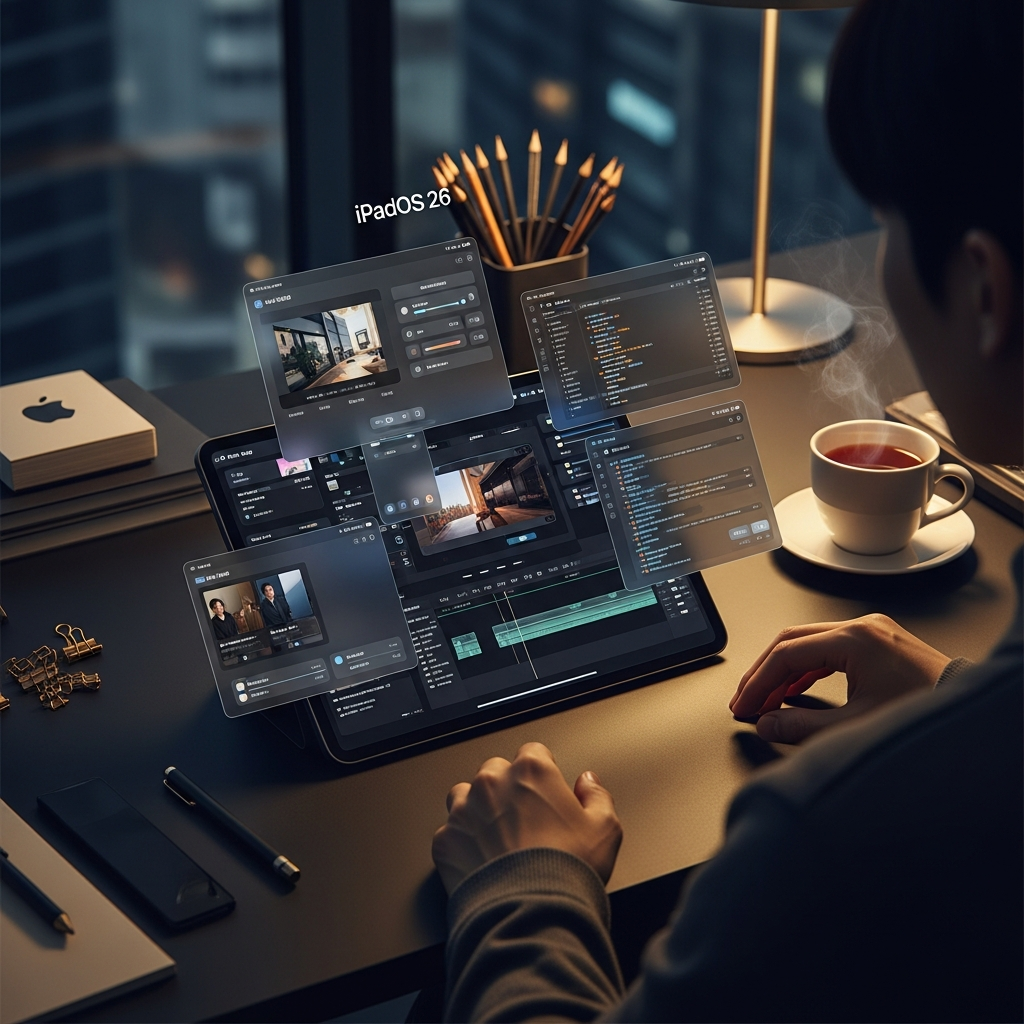 Detailed shot of a person using iPadOS 26, multiple floating windows open, professional creative workspace, Korean setting, lifestyle photography, high contrast, no text