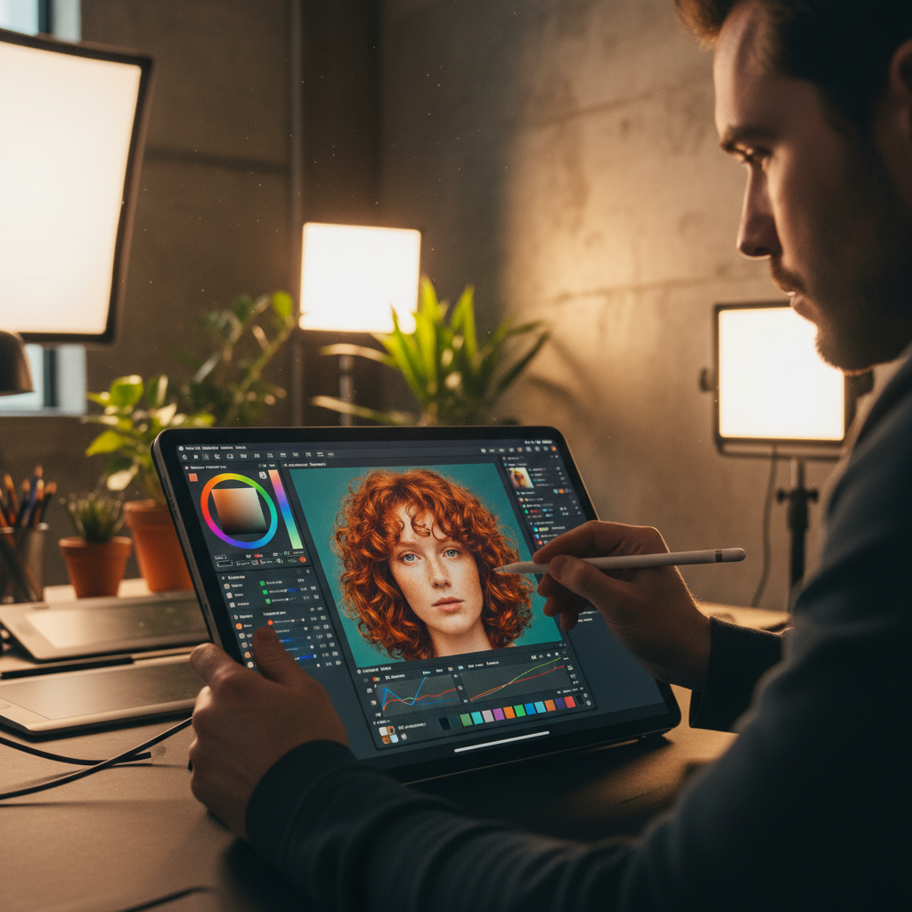 A creative professional using an Apple Pencil to edit a high resolution portrait on an iPad Pro, detailed color grading process visible on screen, creative studio environment, soft cinematic lighting, 4:3