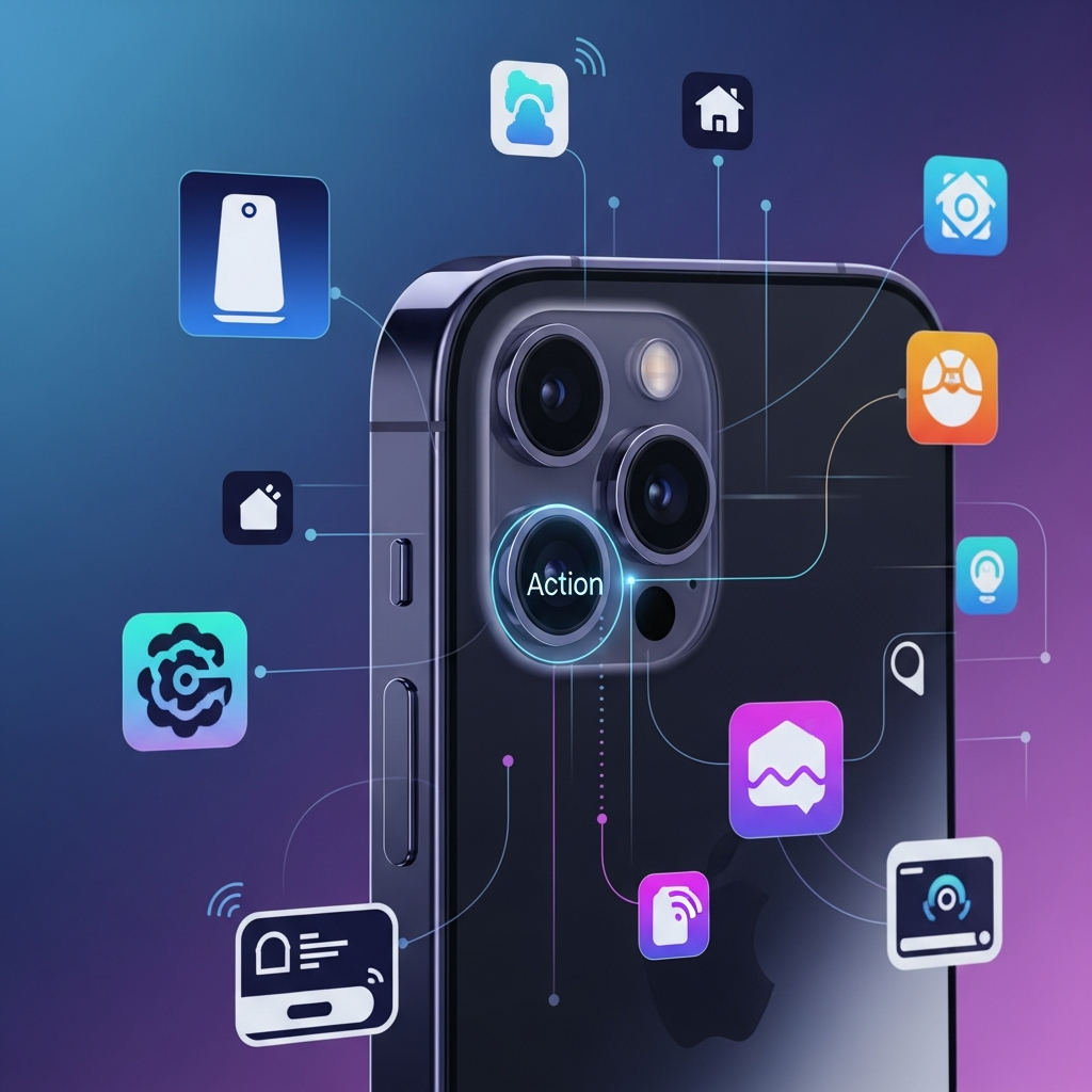 A close-up of an iPhone 15 Pro, with its Action button highlighted, surrounded by abstract representations of app icons and smart home devices, clean infographic style, high contrast, gradient background, no text.
