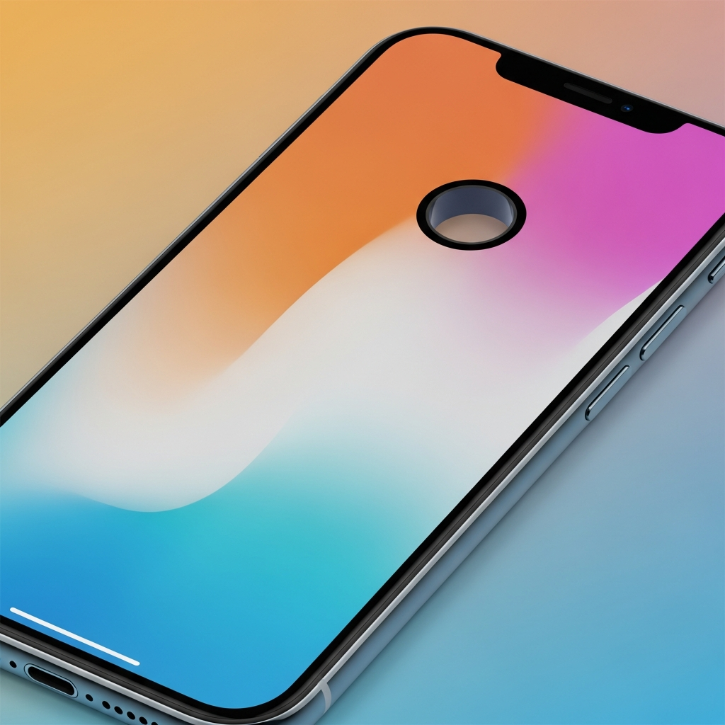A sleek, futuristic iPhone displaying a significantly smaller Dynamic Island, almost a punch-hole, with a colored gradient background, clean infographic style, no visible text, Korean appearance.