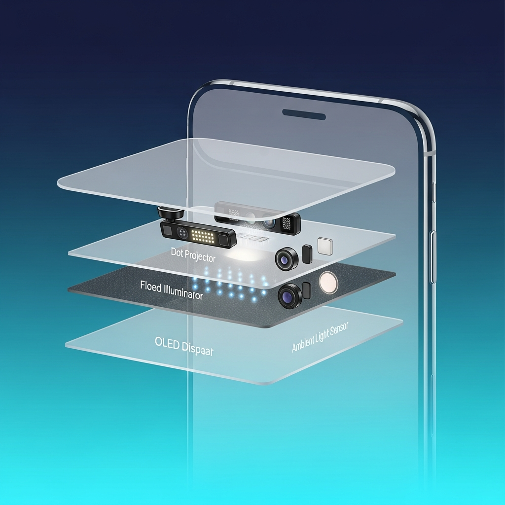 A detailed, clean infographic illustrating the concept of under-display Face ID technology in an iPhone, showing layers of transparent glass and hidden sensors, modern layout, high contrast, no text, colored background.