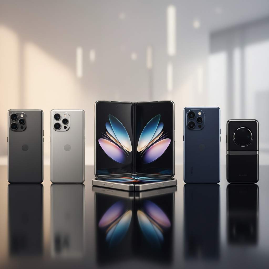 A lineup of premium smartphones including a book-style foldable device, sleek glass and titanium bodies, professional studio lighting, sophisticated atmosphere, no text