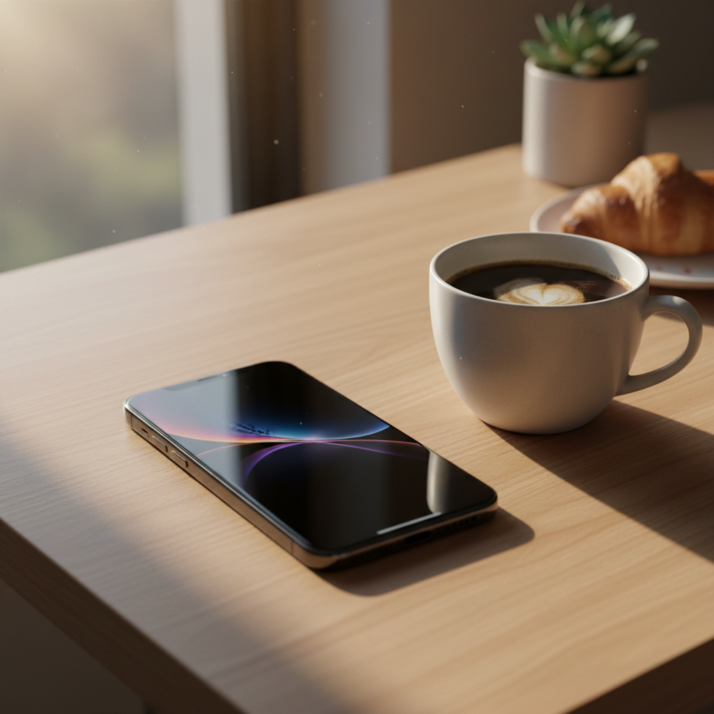 A sleek and modern iPhone 18 on a stylish wooden desk next to a coffee cup, soft morning sunlight, lifestyle photography, warm and inviting atmosphere, no text
