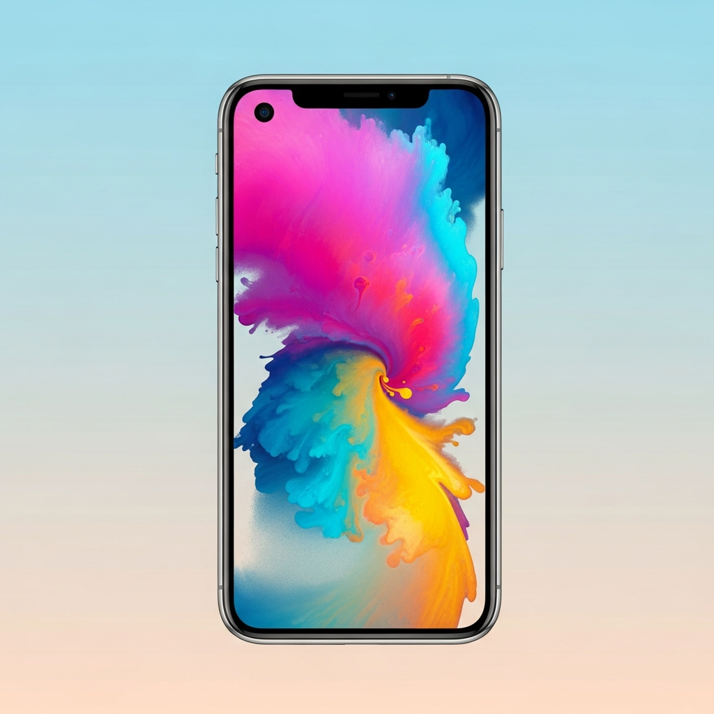 A sleek, minimalist iPhone with a small punch-hole cutout for the front camera, demonstrating a more expansive screen, clean and modern aesthetic, vibrant colored background, no text.