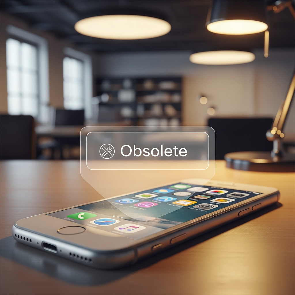 A slightly worn first-generation iPhone SE lying on a desk with a subtle "obsolete" or "service unavailable" message overlaid digitally, symbolizing the end of official support. The background is a soft, warm-lit modern office space, emphasizing a transition. No visible text on the phone or message, except for minimal UI if absolutely necessary. Style: clean infographic with a modern layout.