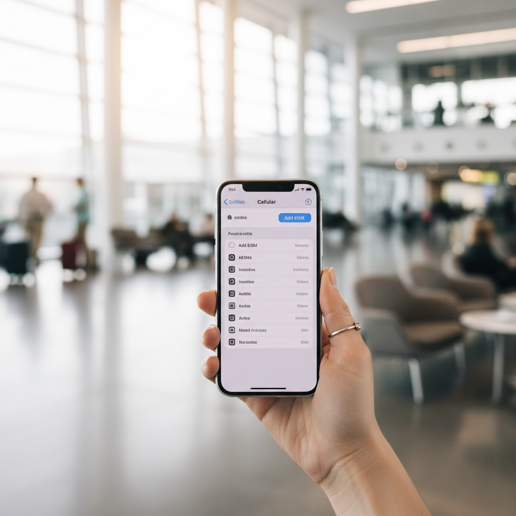 Close-up of a hand holding an iPhone displaying a cellular settings menu with eSIM options, modern airport background blurred, soft natural lighting, clean composition, no text