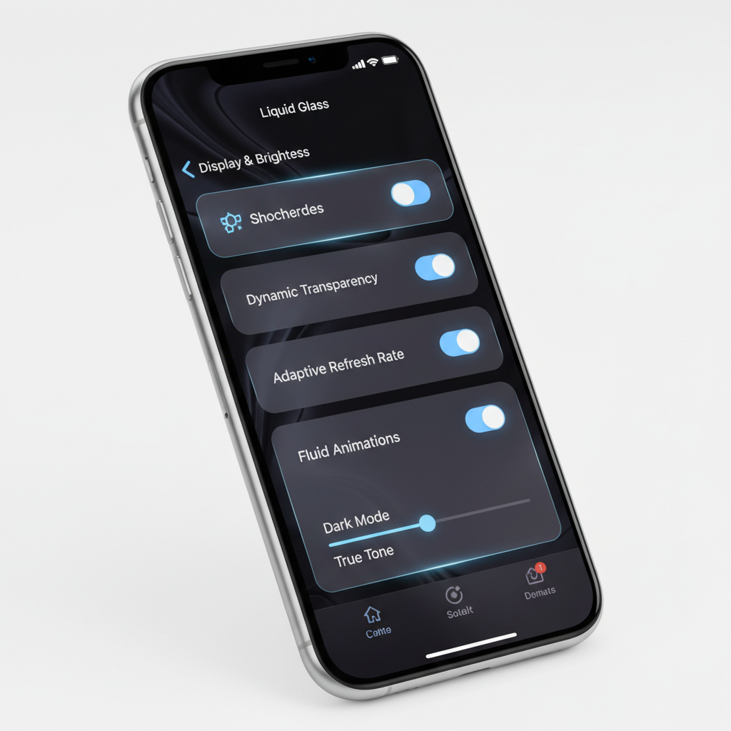 A modern iPhone showing the Liquid Glass settings menu under Display and Brightness, sleek UI design, high contrast, clean minimalist background, no text