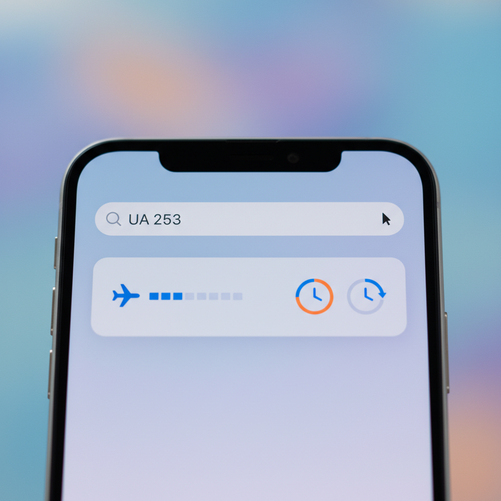 A close-up of a smartphone screen showing a search bar with a flight number being typed, a flight info card popping up, clean infographic style, soft gradient background, no text