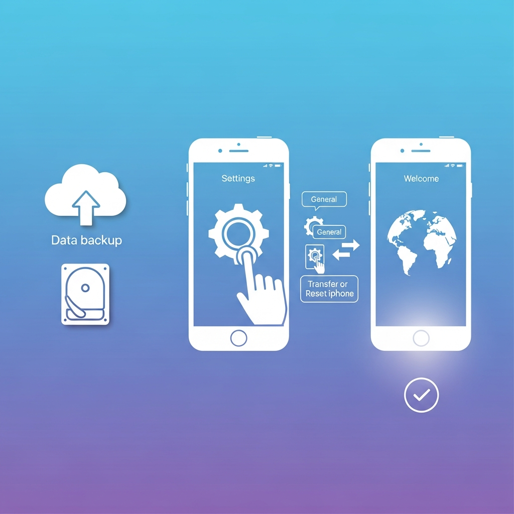 An infographic illustrating the iPhone factory reset process. Shows icons for backing up data, navigating settings, and the final welcome screen. Clean, modern style, high contrast, gradient background, no text.