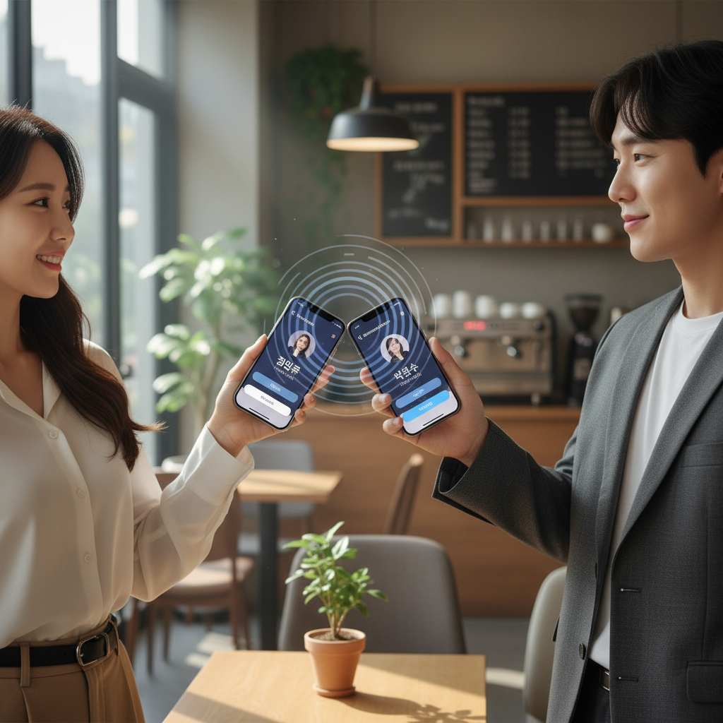 Two Korean people holding iPhones top-to-top to share contacts with NameDrop animation, soft natural lighting, cafe background, 4:3