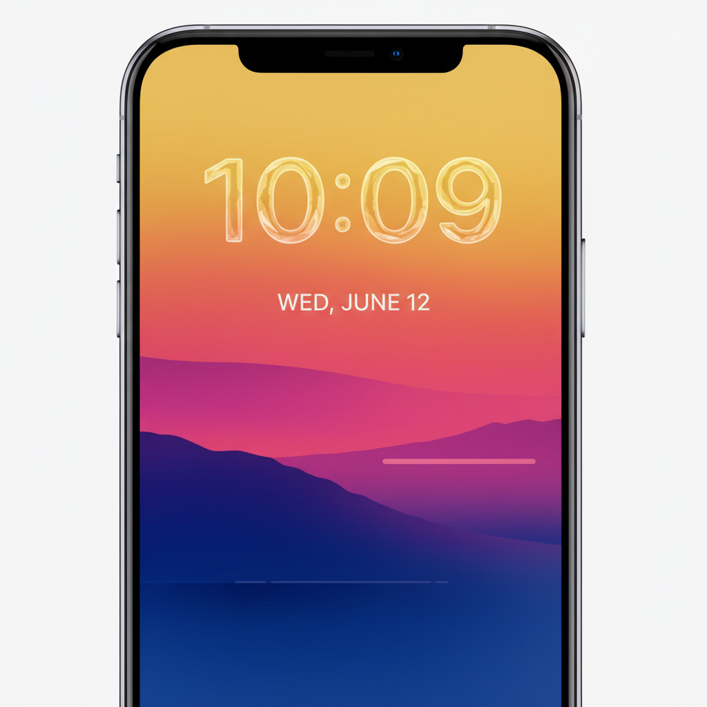 An iPhone screen with a large, stylish Glass clock font, minimalist artistic wallpaper, vibrant gradient background, clean composition, no text