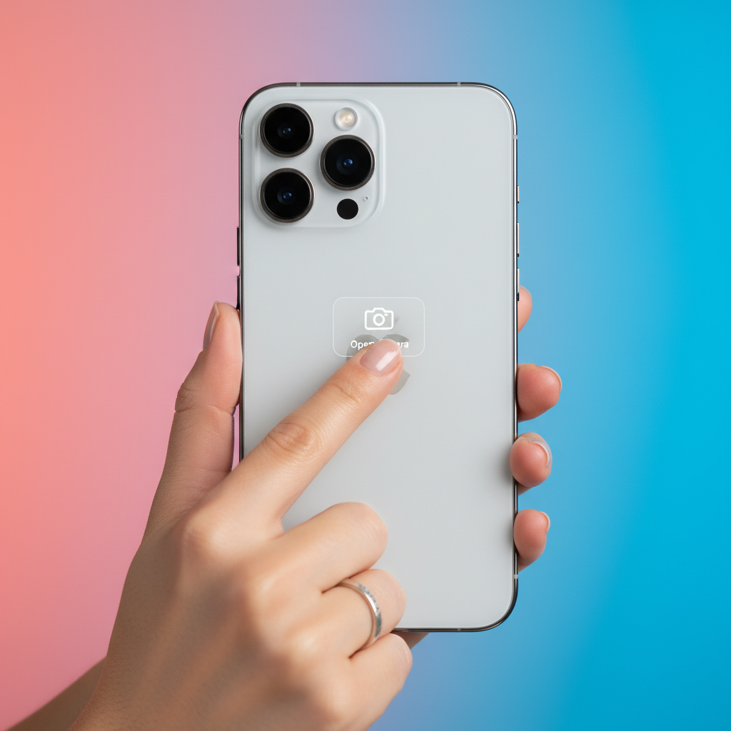 A hand tapping the back of a modern iPhone to activate a shortcut, lifestyle photography, focused on device and hand, colorful studio background, 4:3