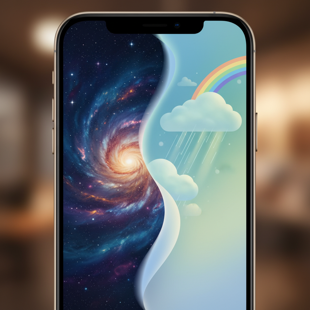Close up of an iPhone screen showing beautiful galaxy and weather wallpapers, aesthetic interface design, vibrant colors, rich background, no text