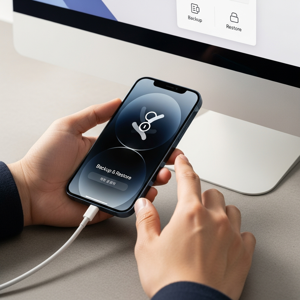 A Korean user's hands interacting with an iPhone connected to a computer, illustrating the process of backup and restore, in a clean, modern style with bright, balanced lighting and a textured background, no text.