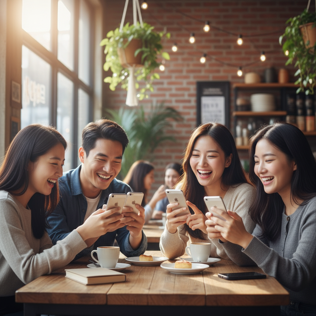 A group of Korean people looking at their iPhones and smiling, natural expressions, vibrant urban cafe background, realistic photography, no text