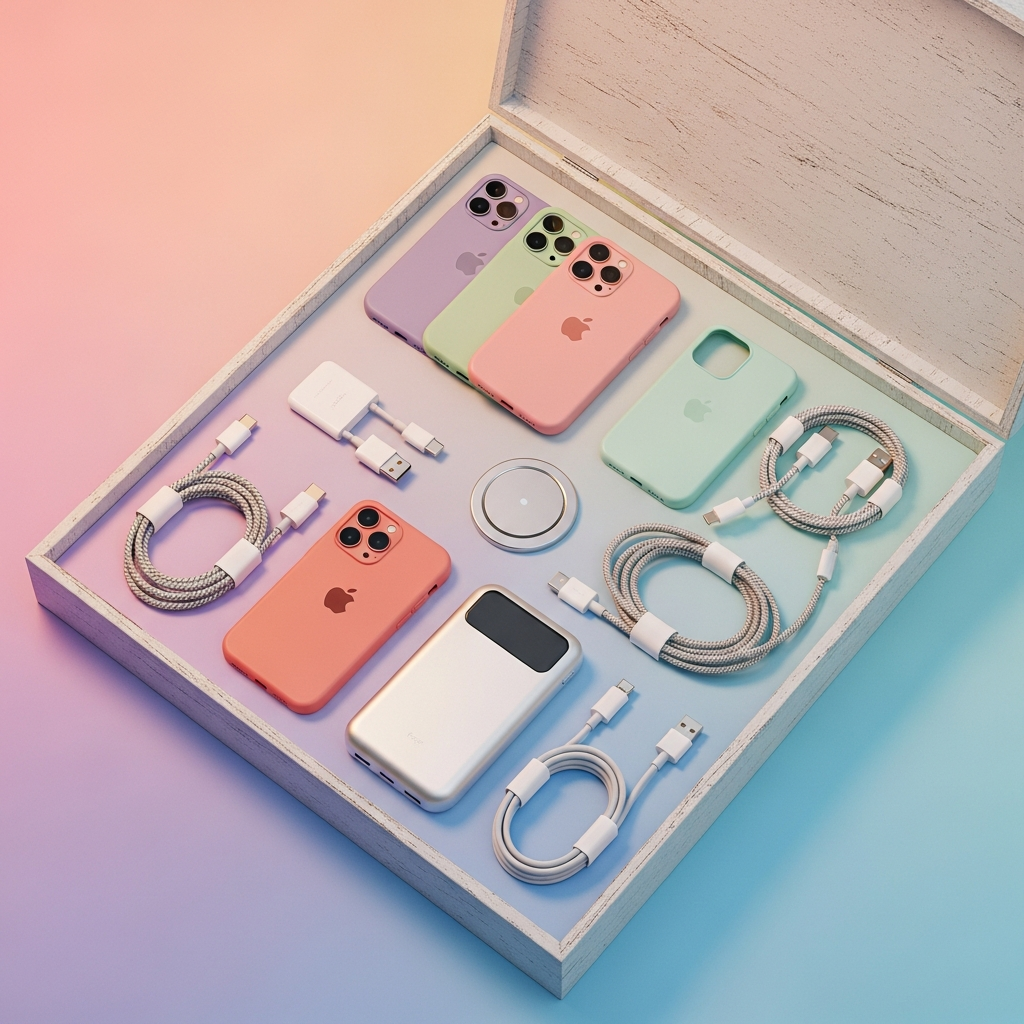 A beautifully arranged gift box for an iPhone user, filled with various iPhone accessories like colorful cases, sleek power banks, charging cables, and a MagSafe charger. The items are neatly displayed on a pastel-colored gradient background, with soft, inviting lighting. No text.