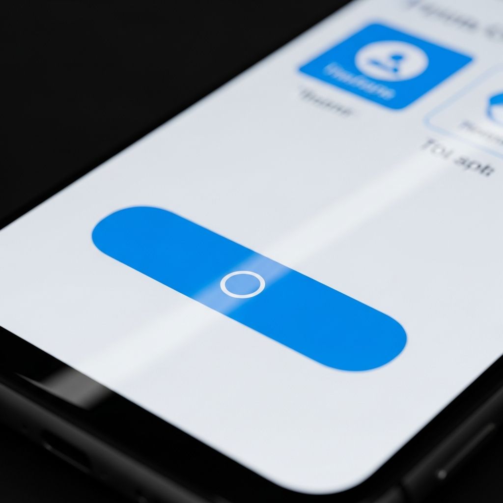 Close up of a sleek smartphone showing a modern UI with a prominent blue button, clean infographic style, high contrast, vibrant blue and white theme, no text