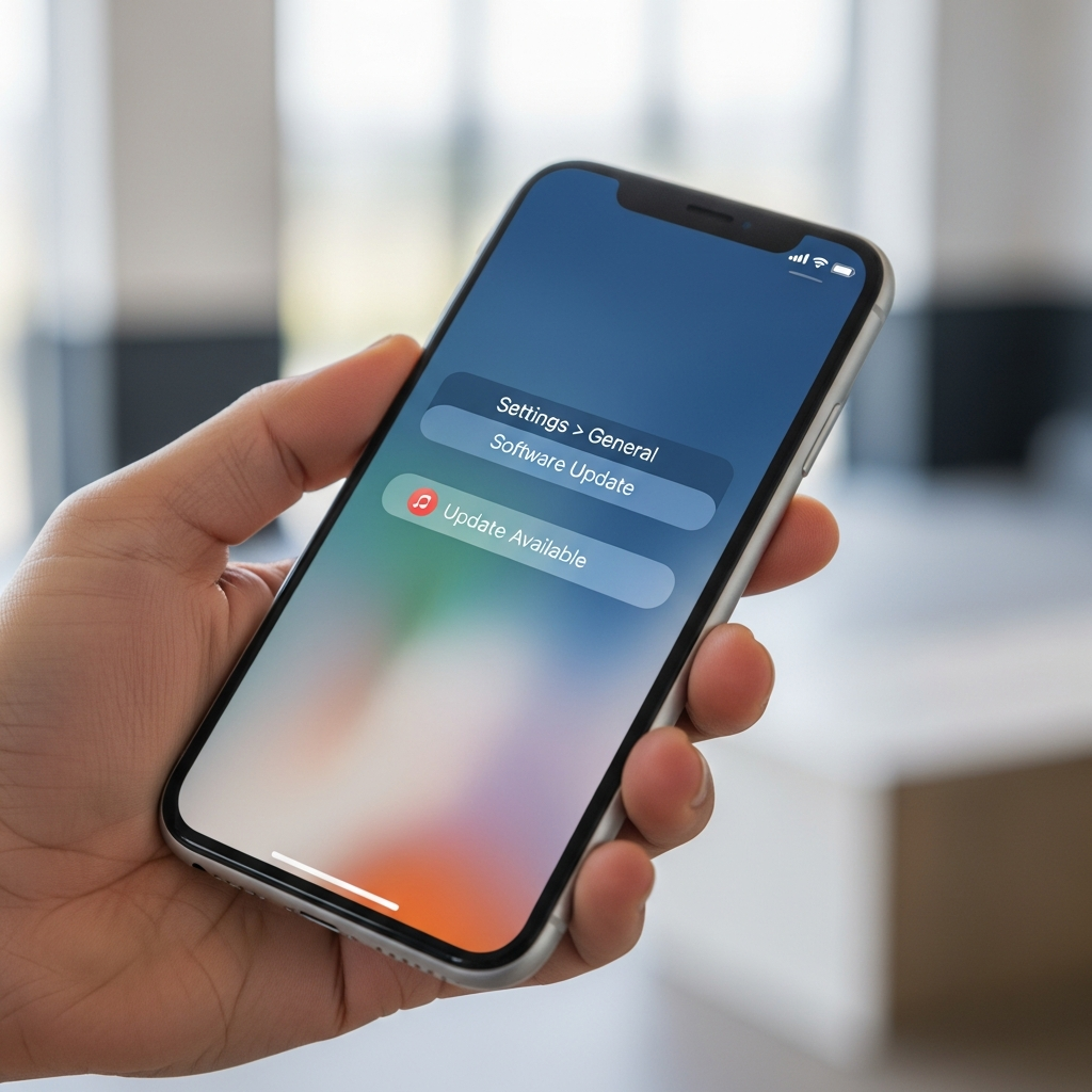A close-up of an iPhone screen displaying the "Settings > General > Software Update" menu, indicating a new iOS update is available. The phone is held in a person's hand, with a blurred, modern background. The lighting is bright and clear. No visible text in the image. Styled as lifestyle photography.