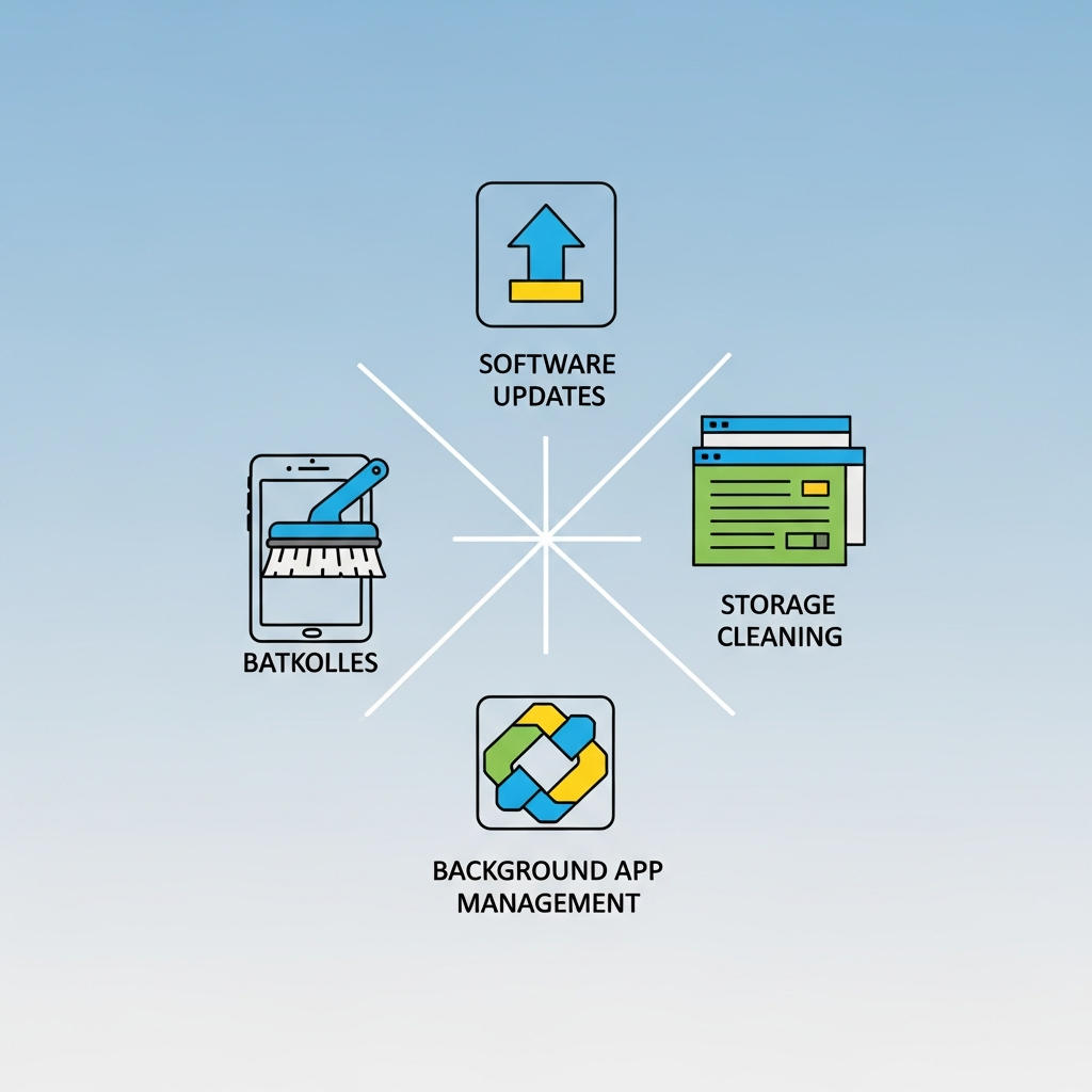 Clean infographic showing various ways to optimize iPhone performance. Features icons representing software updates, storage cleaning, and background app management. High contrast, modern layout, gradient background, no text.
