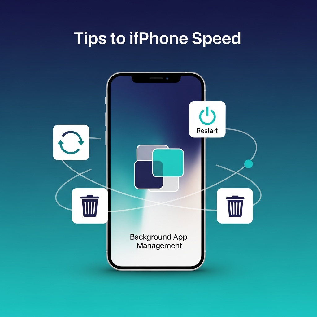 A clean infographic illustrating various tips to speed up an iPhone. It features simplified icons representing software updates, restarts, background app management, and data cleaning. The overall style is modern and high-contrast, with a balanced lighting and a gradient background. No visible text.