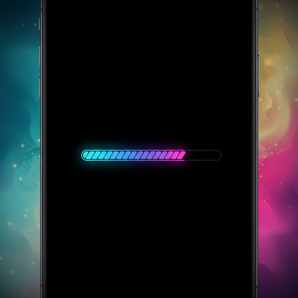 An iPhone displaying a software update progress bar, modern and sleek tech aesthetic, colored background with soft gradients, no text