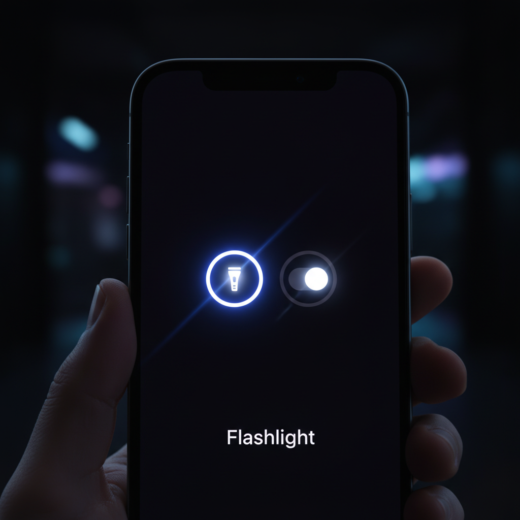 A close-up of an iPhone screen showing the Dynamic Island flashlight controls, glowing light effect in a dark room, modern high-tech feel, 4:3