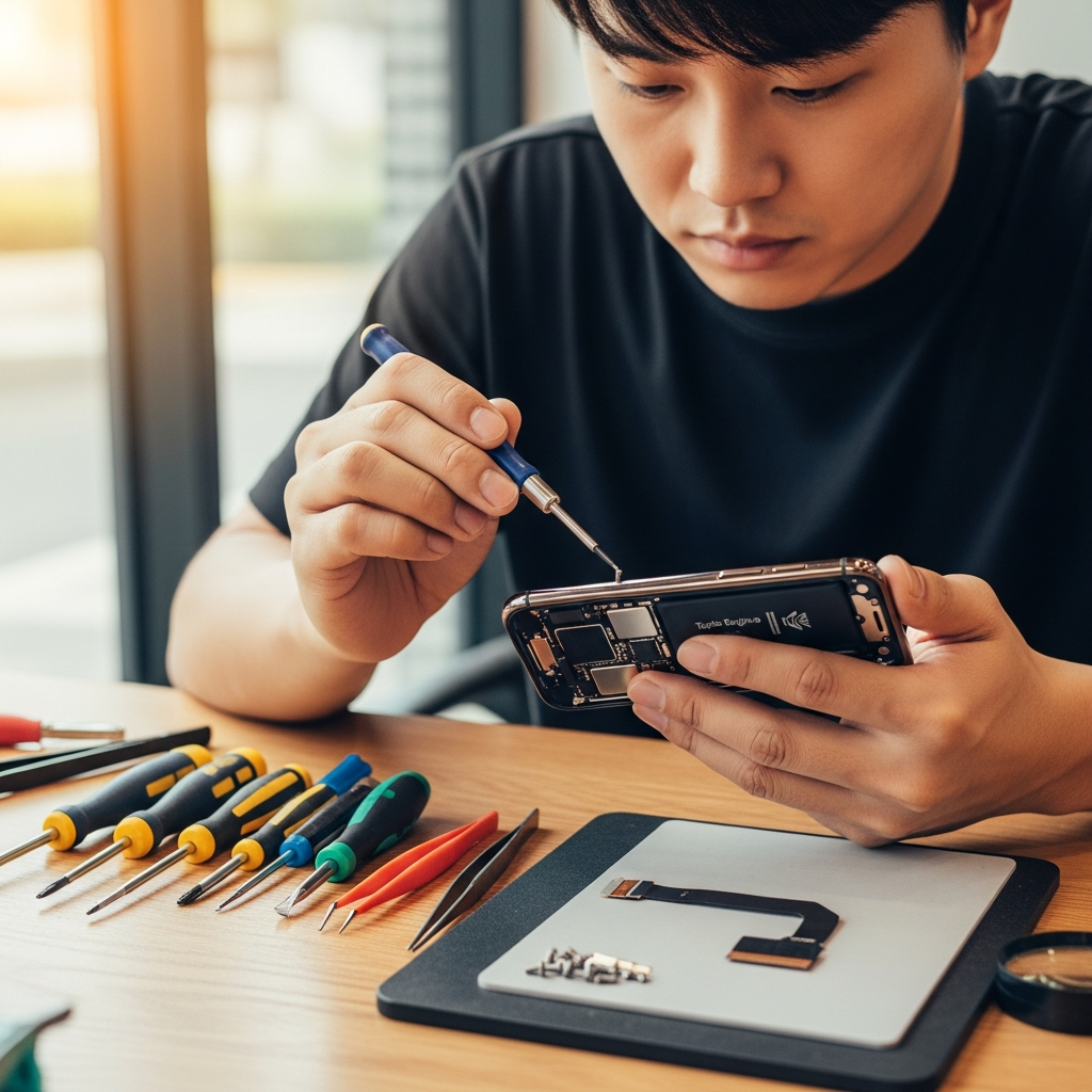 A hands-on scene of an Apple technician inspecting an iPhone, with tools and repair components visible. Focus on the technician's careful work. Style: lifestyle photography, warm lighting, natural setting. No text. Korean appearance, centered focus.