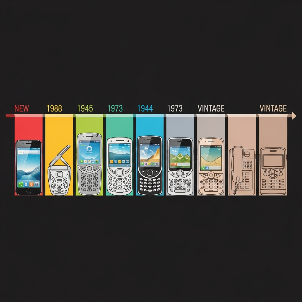 A timeline infographic showing a smartphone's journey from new to vintage, with years indicated by subtle color changes. Style: clean infographic, modern layout, high contrast. No text. Colored background, visually rich.