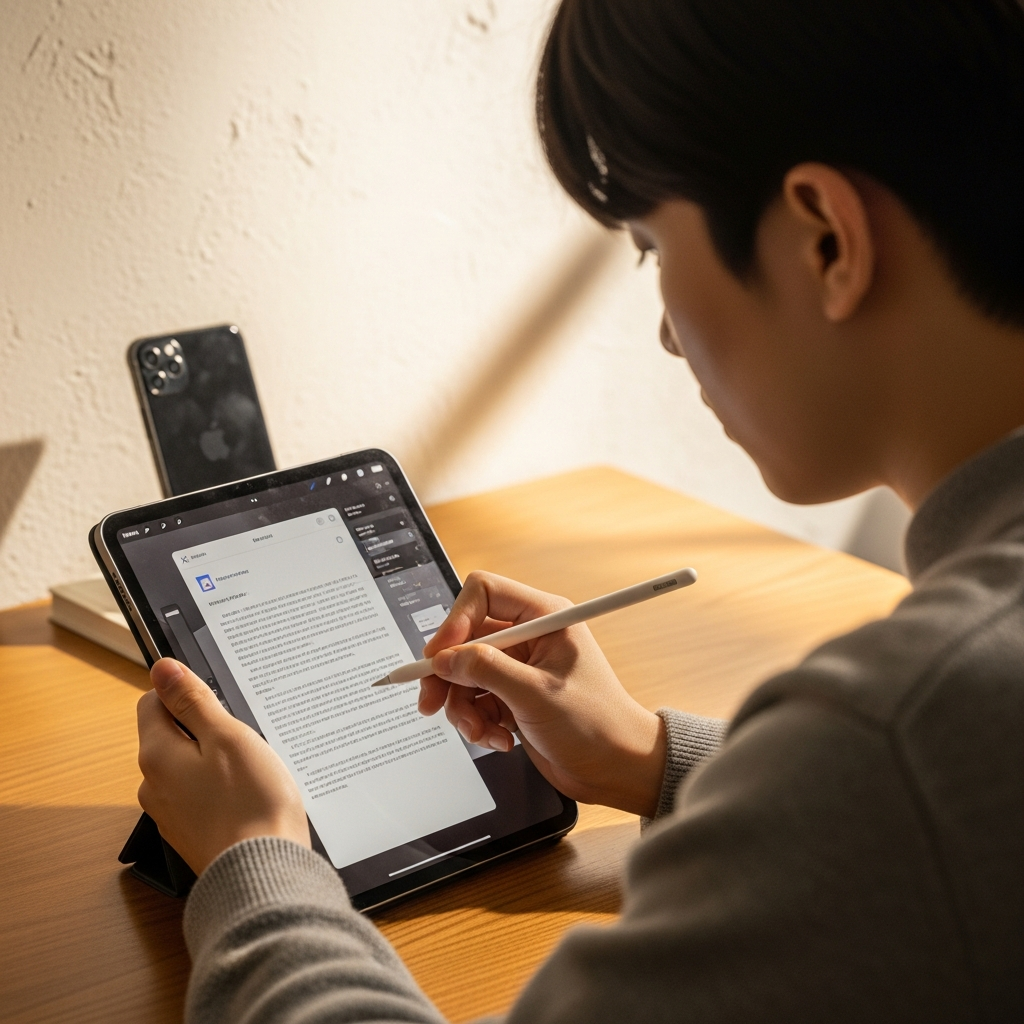 A lifestyle photography scene showing a Korean student using the Preview app on an iPad, marking up a document with an Apple Pencil. An iPhone is visible nearby. Natural setting, soft lighting, textured background, no visible text.