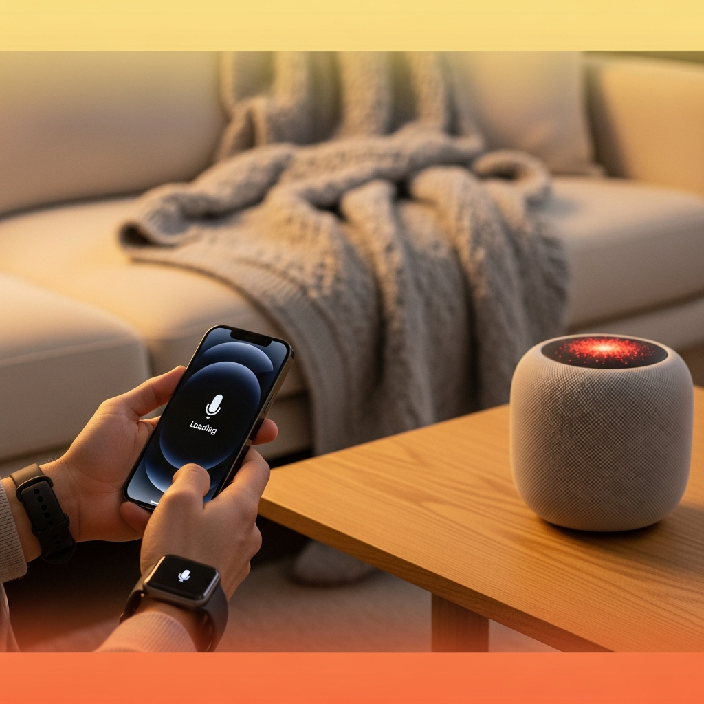 A cozy, modern living space showing various Apple devices (iPhone, Apple Watch, HomePod) in use, with a subtle implication of a voice assistant failing, lifestyle photography, warm lighting, gradient background, no text.
