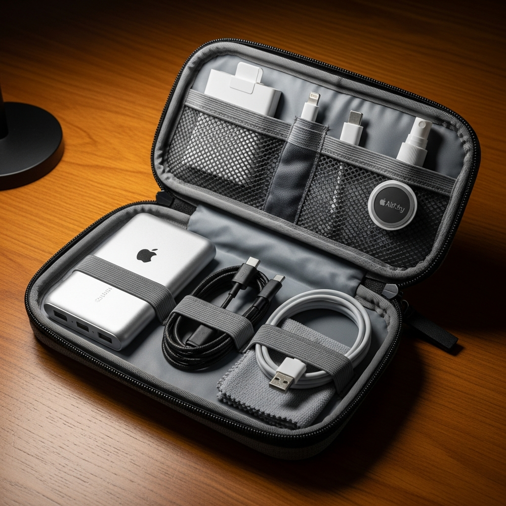 A well-organized tech organizer bag, open to reveal neatly stored iPhone accessories such as a power bank, various cables, a small cleaning kit, and an AirTag. The bag is made of durable fabric, resting on a wooden desk with soft, focused lighting. No text.