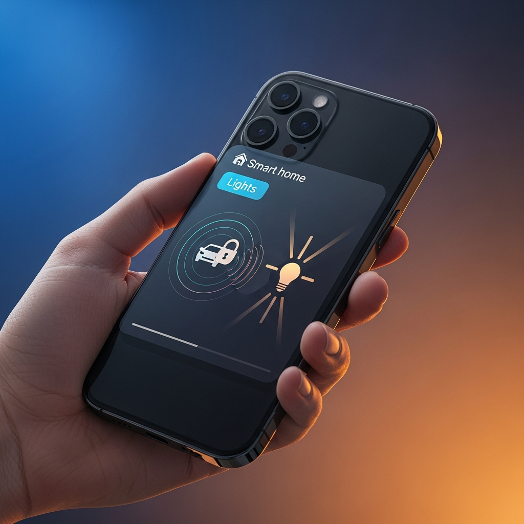 A hand holding an iPhone 15 Pro, with an animated overlay indicating a car unlocking or smart home lights turning on, modern layout, colored background, no text.