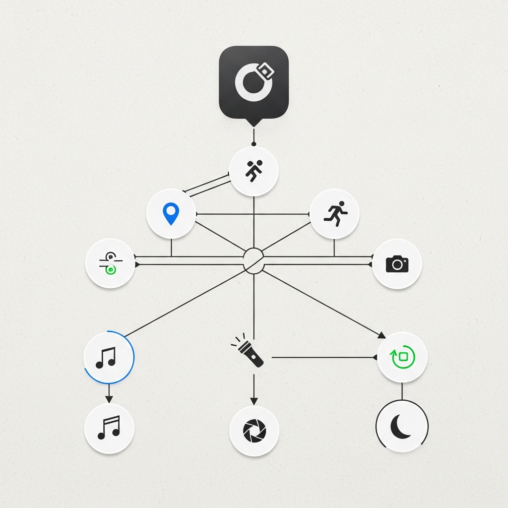 A clean infographic showing a flow chart or decision tree originating from a single iPhone Action button icon, leading to various outcomes based on conditions like location or activity, modern layout, high contrast, textured background, no text.