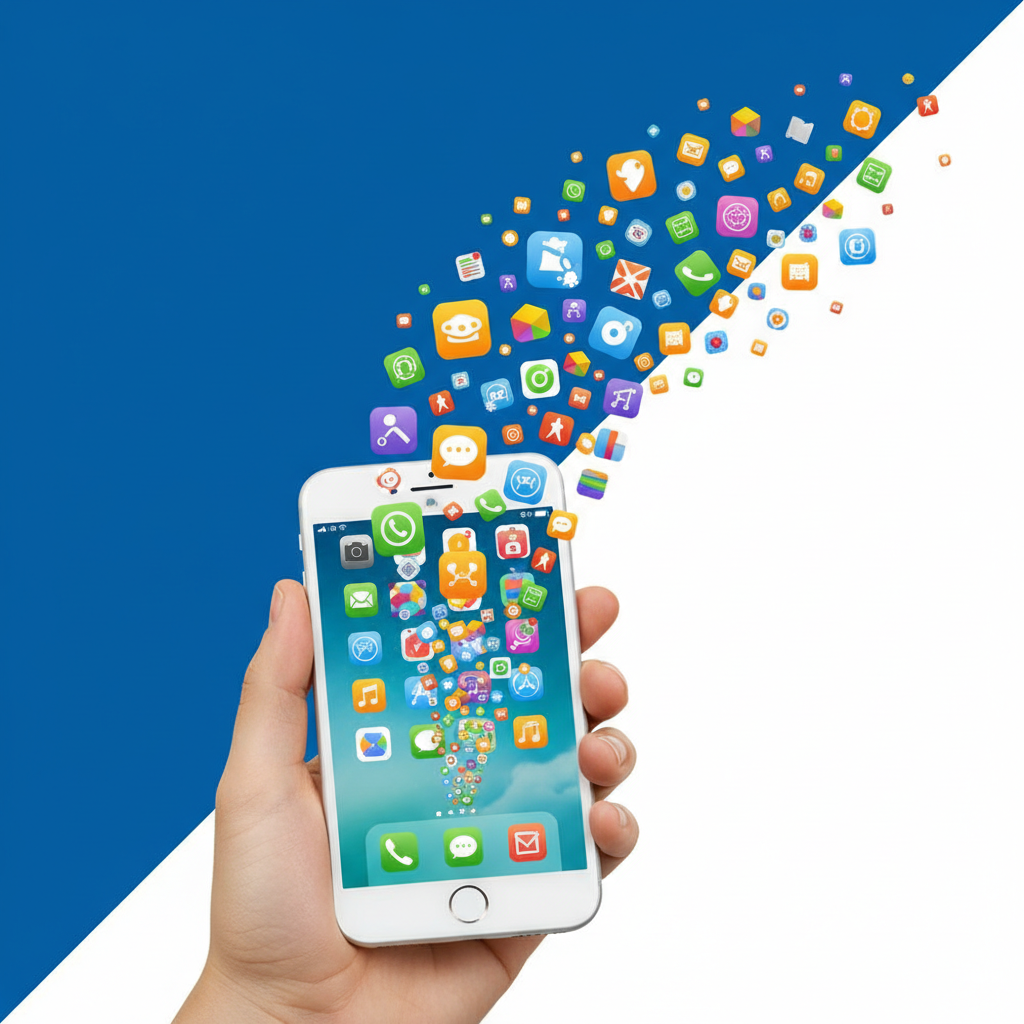 A clean infographic showing various colorful app icons emerging from an iPhone screen, modern layout, high contrast, vibrant blue and white background, no text