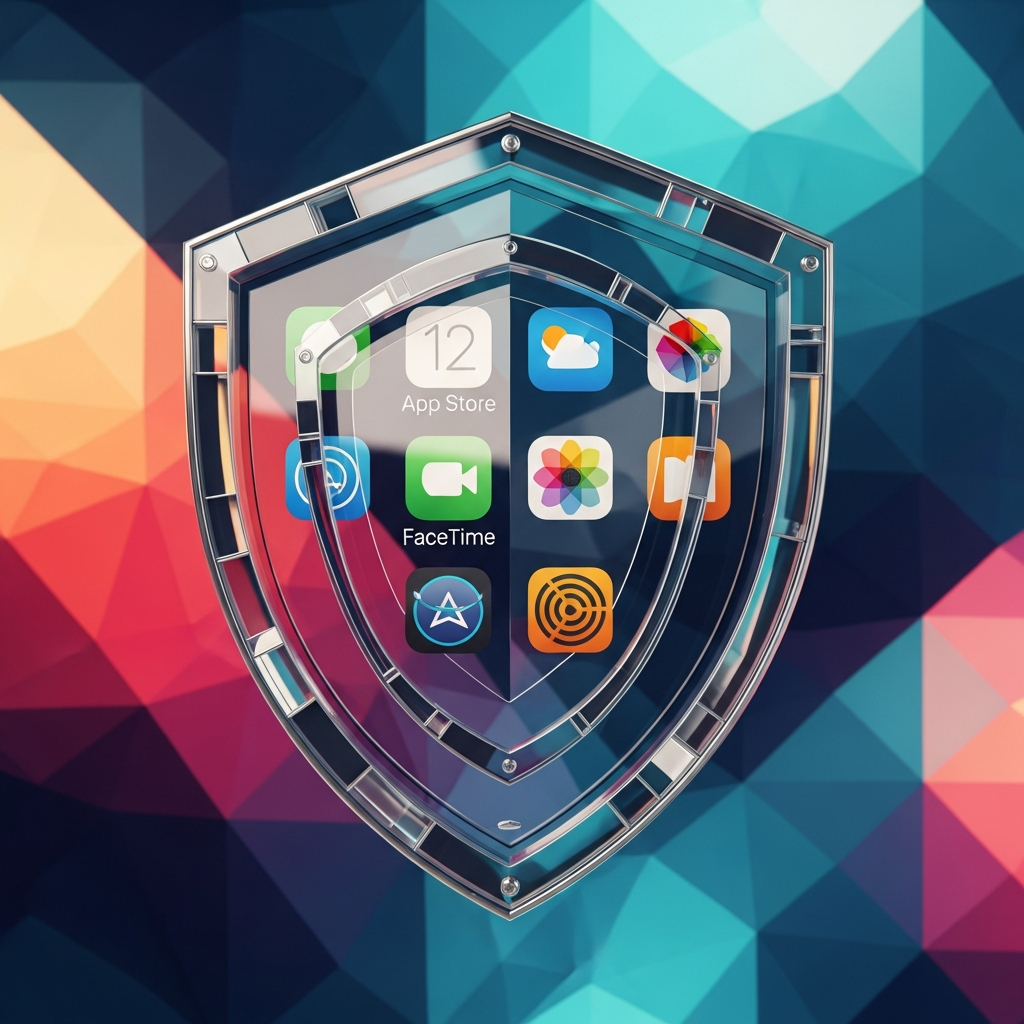 Abstract security shield covering various iPhone app icons (App Store, FaceTime, Photos), modern layout, high contrast, colorful geometric background, no visible text.