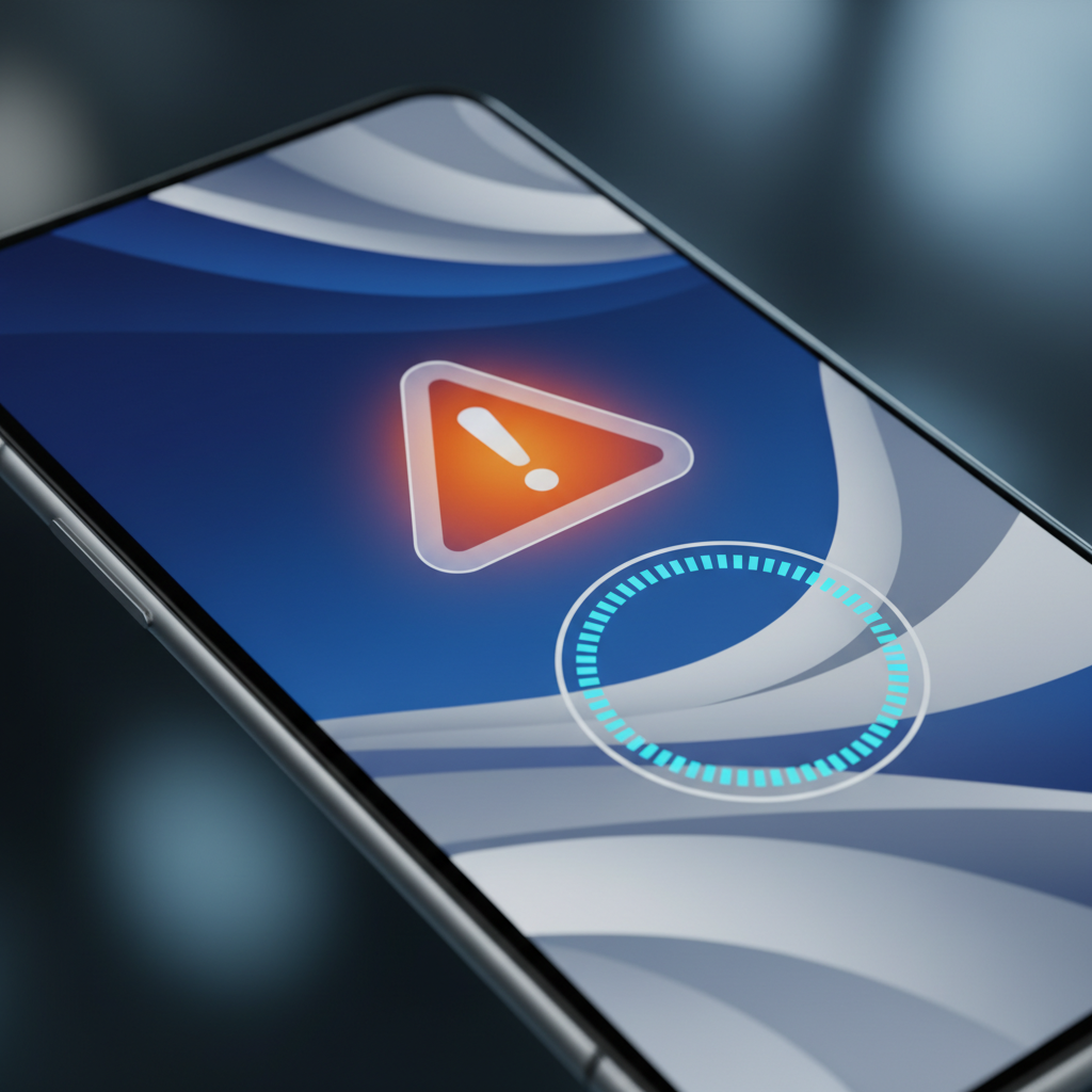 A modern smartphone displaying a software update screen with a warning icon, clean infographic style, high contrast, vibrant blue and silver background, no text