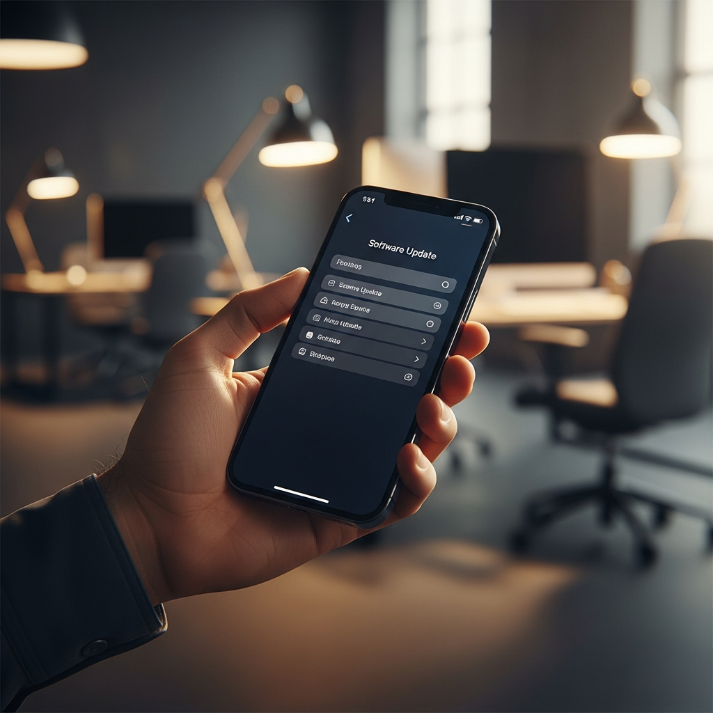 A hand holding an iPhone, showing the "Software Update" screen in Settings, lifestyle photography, warm lighting, blurred modern office background, no visible text.