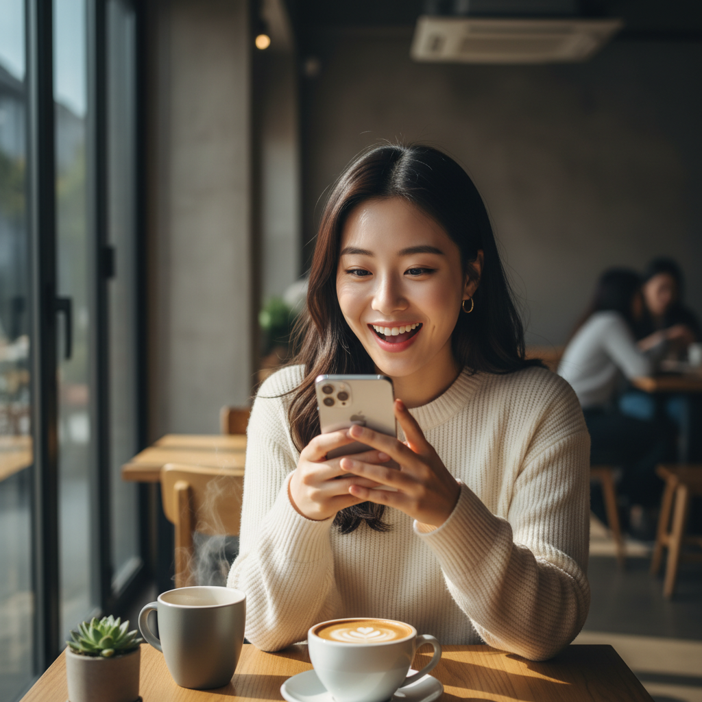 A young Korean woman looking at her iPhone screen with a surprised and happy expression, modern cafe interior, warm natural lighting, high contrast, clean lifestyle photography, no text
