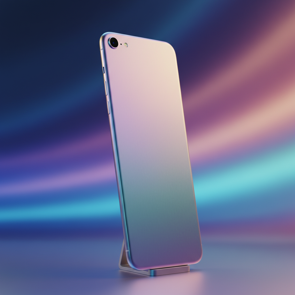 A sleek and ultra-thin smartphone resembling an iPhone Air 2, glowing metallic finish, futuristic tech aesthetics, soft studio lighting, colored gradient background, no text, 4:3
