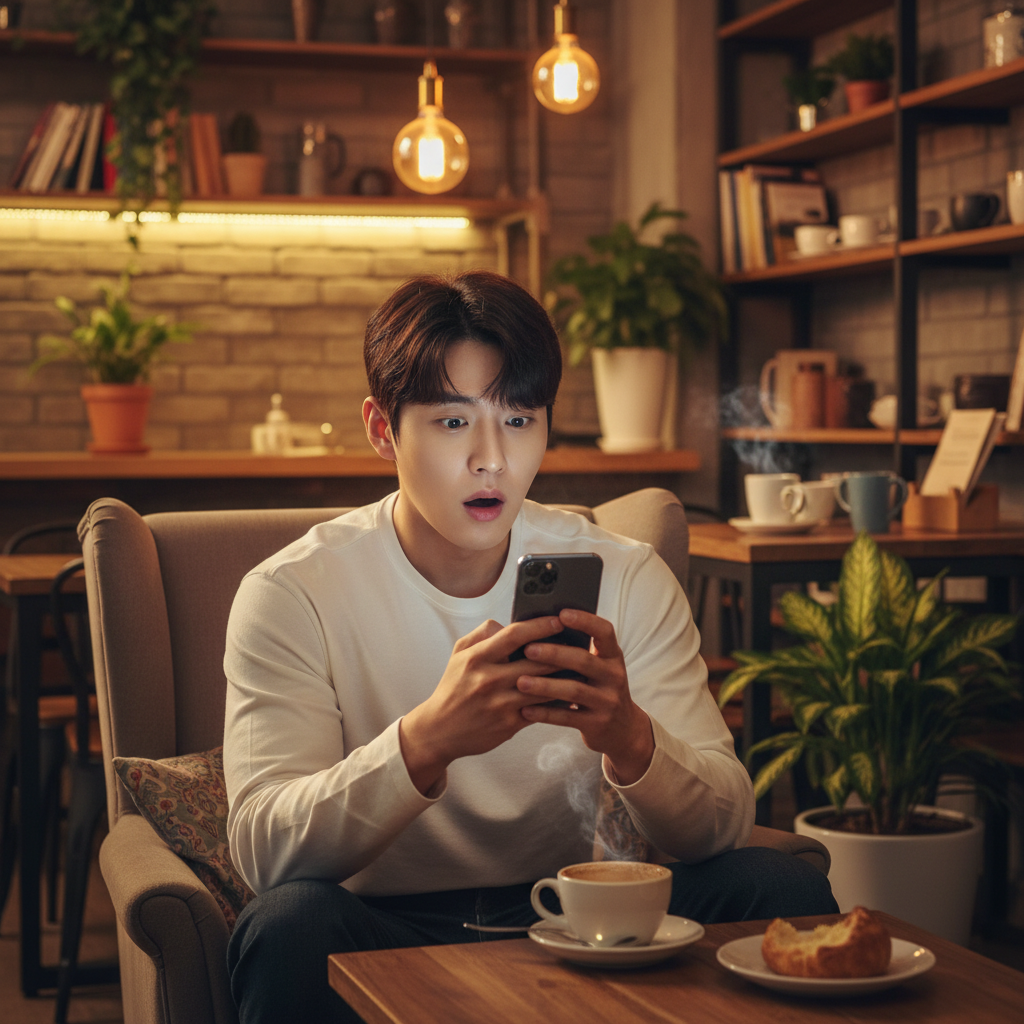 A young Korean man looking at a smartphone screen with a surprised expression in a cozy cafe, warm lighting, lifestyle photography, rich background details, 4:3 aspect ratio, no text