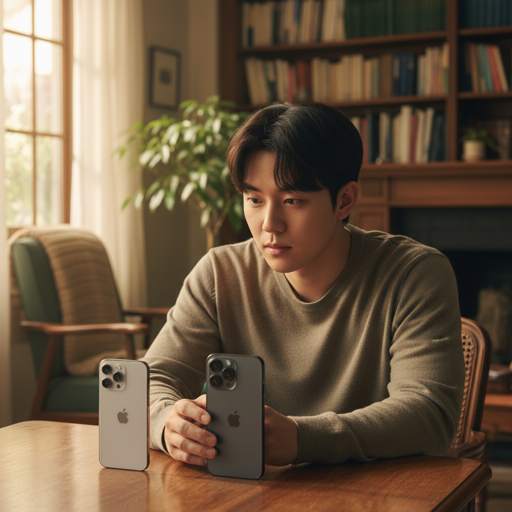 A Korean man looking thoughtfully at two different iPhones on a wooden table, one slim and one with a triple camera, warm lifestyle photography, natural indoor lighting, rich background, no text
