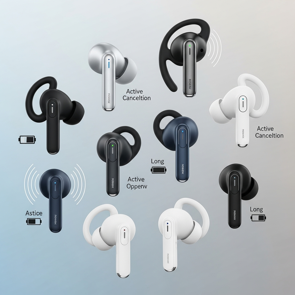 A clean infographic showing various modern wireless earbuds compatible with iPhones, arranged aesthetically on a gradient background. Emphasize sleek designs and advanced features like active noise cancellation and long battery life. No visible text.